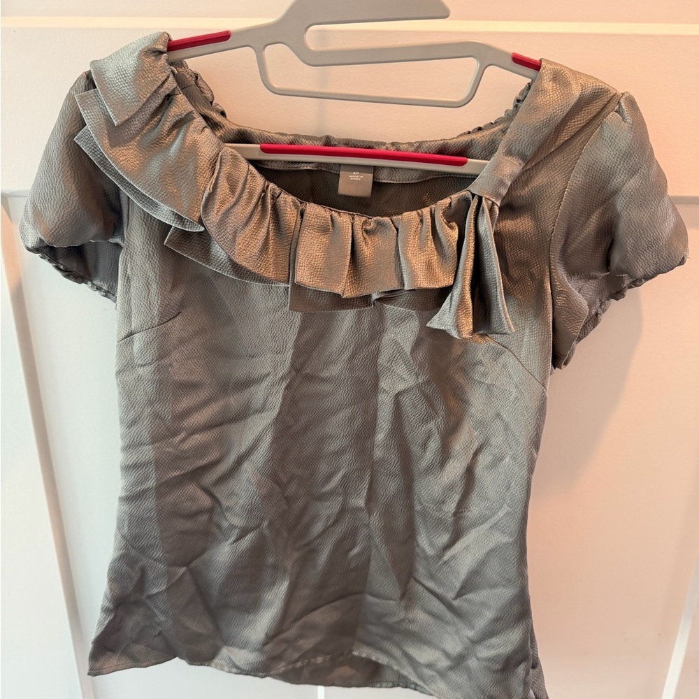 Ann Taylor Petites Satin Ruffle Blouse 6P Metallic Grey